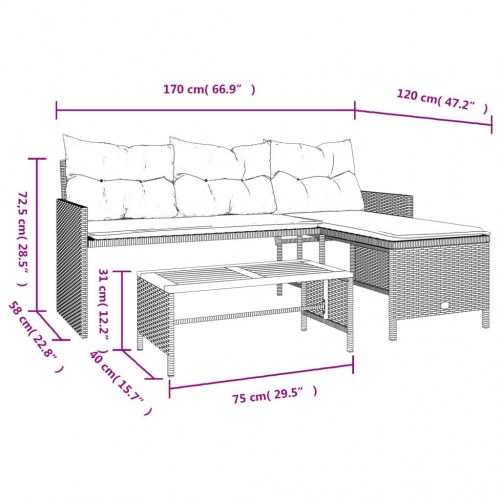 Havesofa med bord og hynder L-formet polyrattan beige