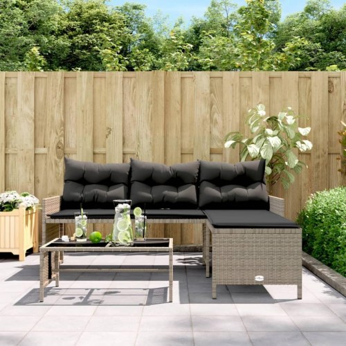 L-formet havesofa med bord og hynder i polyrattan - grå