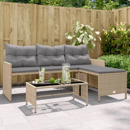 L-formet havesofa med bord og hynder i polyrattan - beige/lysegrå