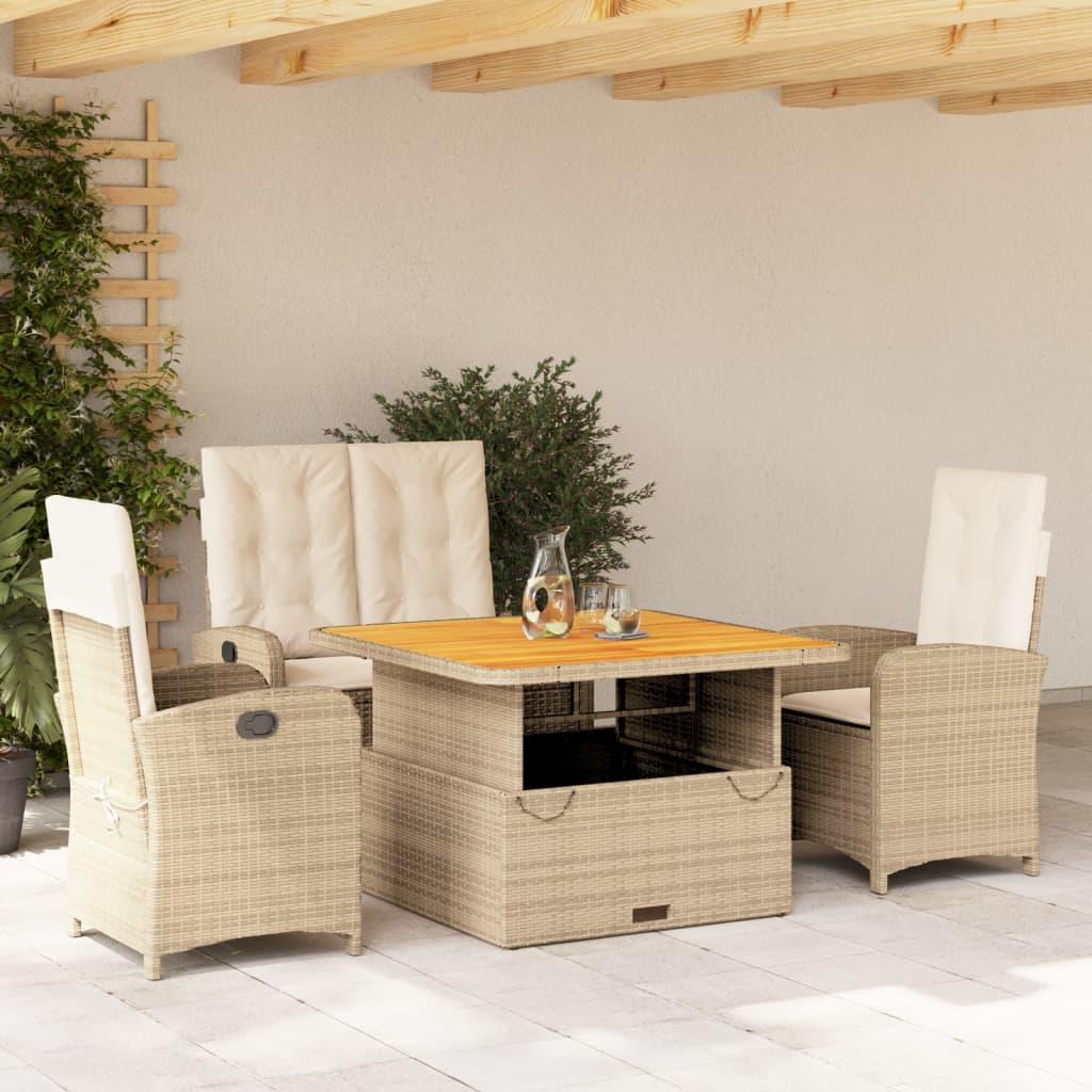 Spisebordssæt til haven 4 dele med hynder polyrattan beige