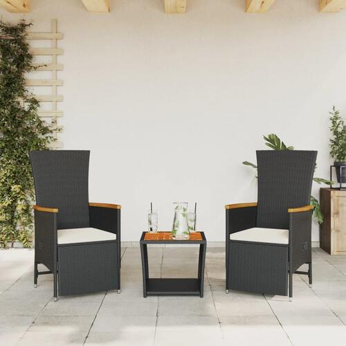 Spisebordssæt til haven 3 dele med hynder polyrattan sort