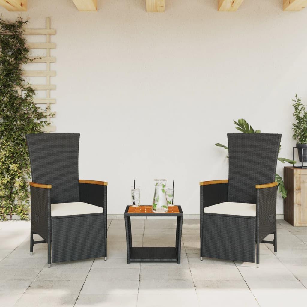 Spisebordssæt til haven 3 dele med hynder polyrattan sort