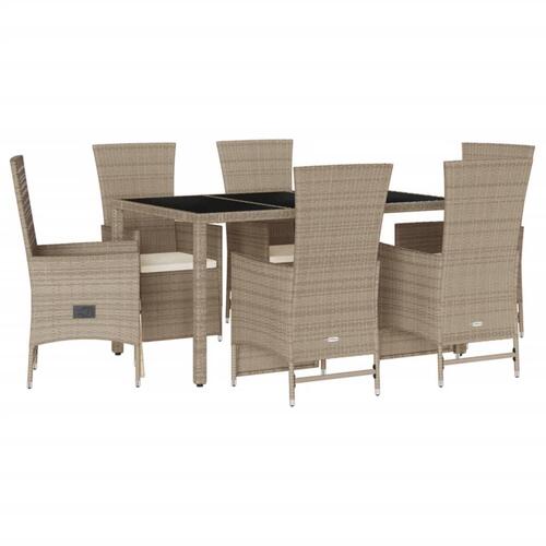Spisebordssæt til haven 7 dele med hynder polyrattan beige