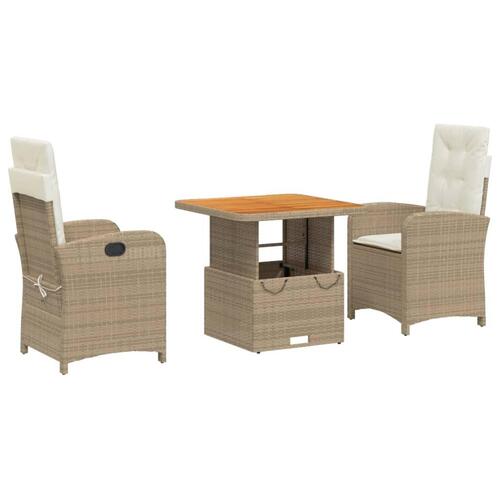 Spisebordssæt til haven 3 dele med hynder polyrattan beige