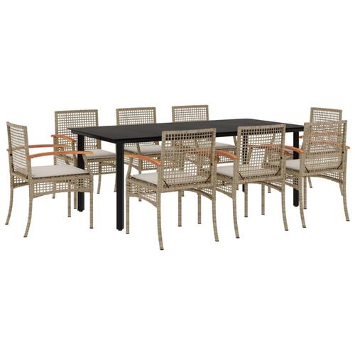 Spisebordssæt til haven 9 dele med hynder polyrattan beige