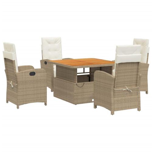 Spisebordssæt til haven 5 dele med hynder polyrattan beige