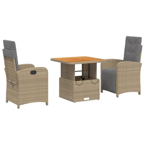 Spisebordssæt til haven 3 dele med hynder polyrattan beige