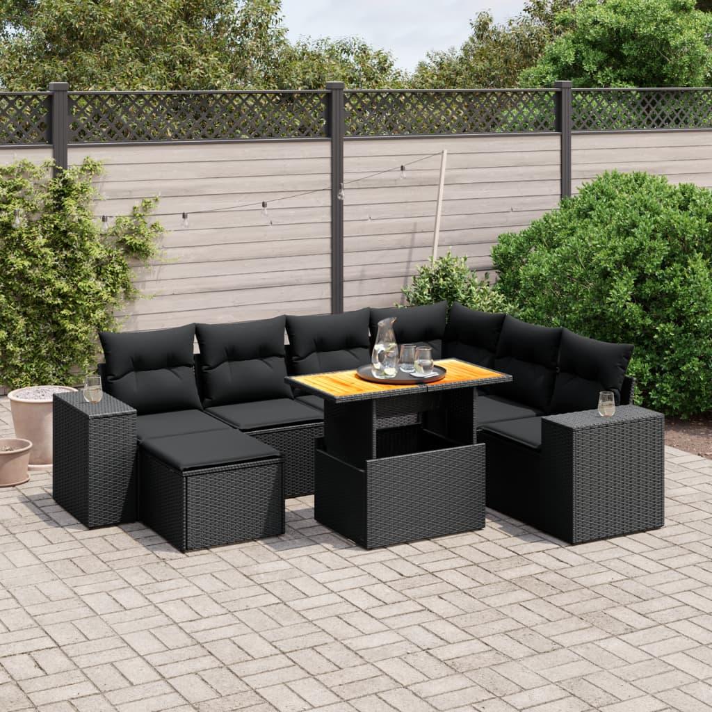 Havesofasæt i polyrattan - 8 dele med hynder, sort