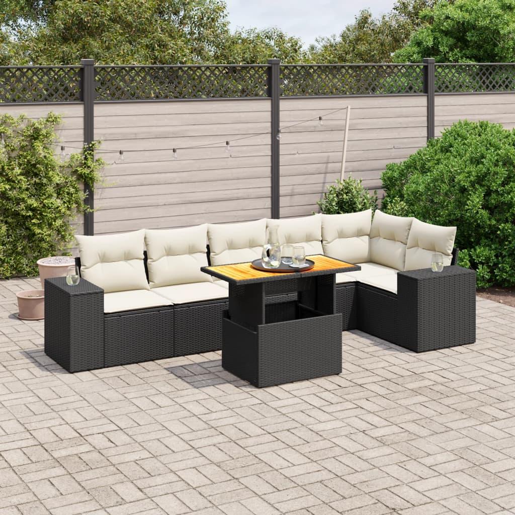 Sofasæt til haven i polyrattan - 7 dele med hynder, sort