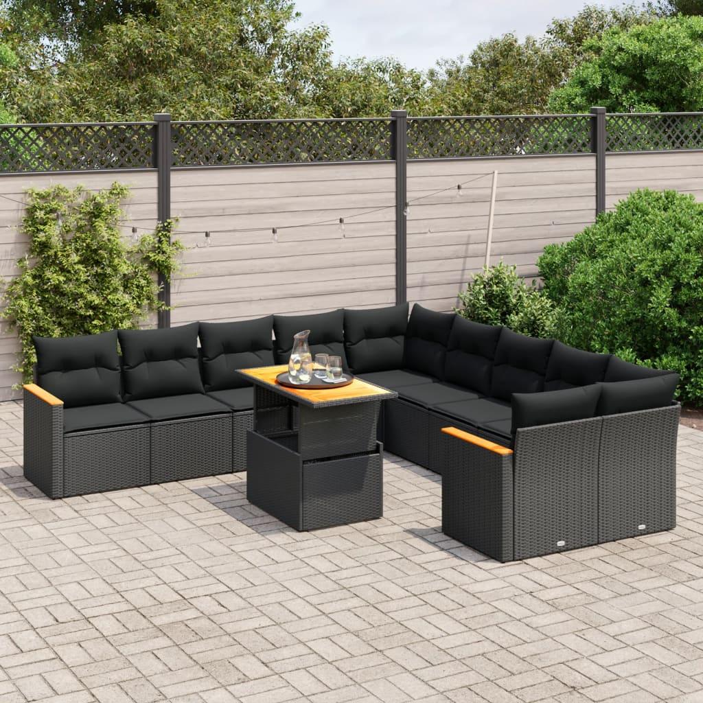 Sofasæt til haven i polyrattan - 11 dele med hynder, sort