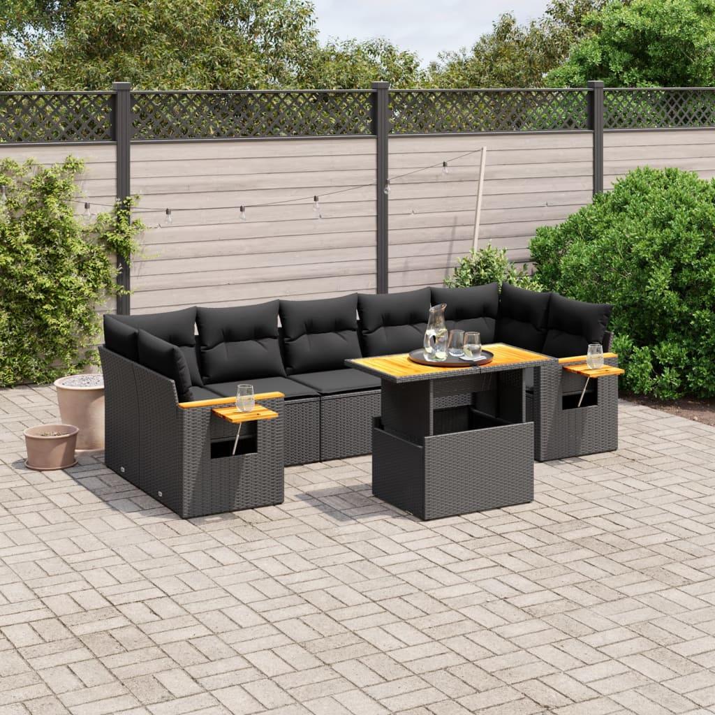 Sofasæt til haven i polyrattan - 8 dele med hynder, sort
