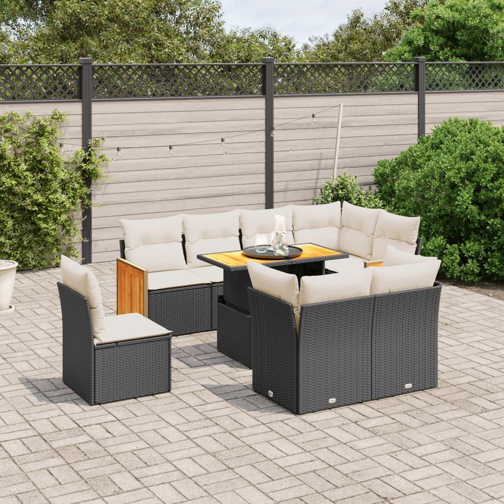 Havesofasæt i polyrattan - 9 dele med hynder, sort