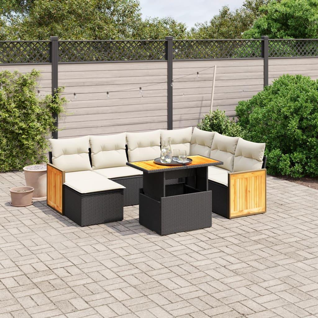 Havesofasæt i polyrattan - 8 dele med hynder, sort