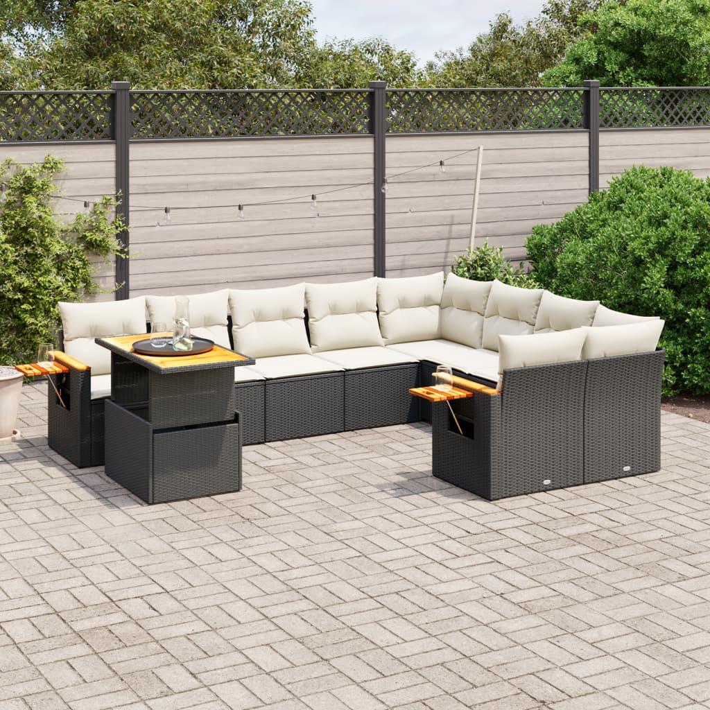 Havesofasæt i polyrattan - 10 dele med hynder, sort