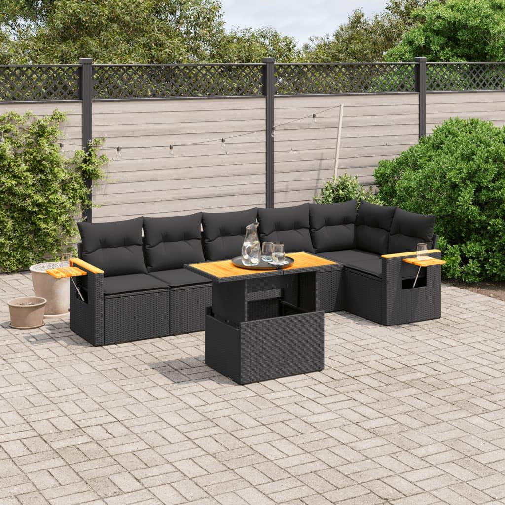 Sofasæt til haven i polyrattan - 7 dele med hynder, sort