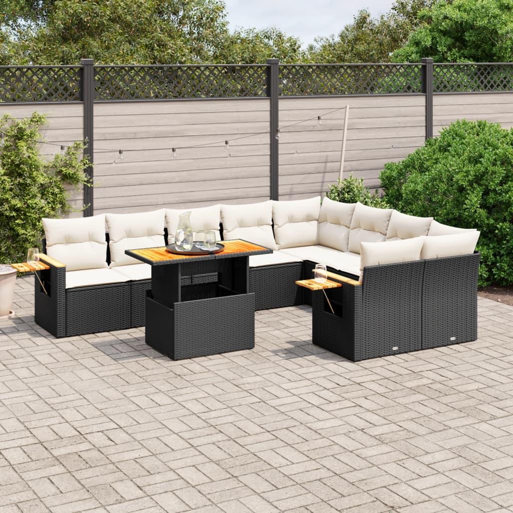 Sofasæt til haven i polyrattan, 10 dele med hynder - sort