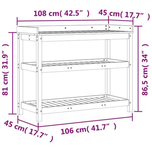 Plantebord med hylder 108x45x86,5 cm massivt fyrretræ brun