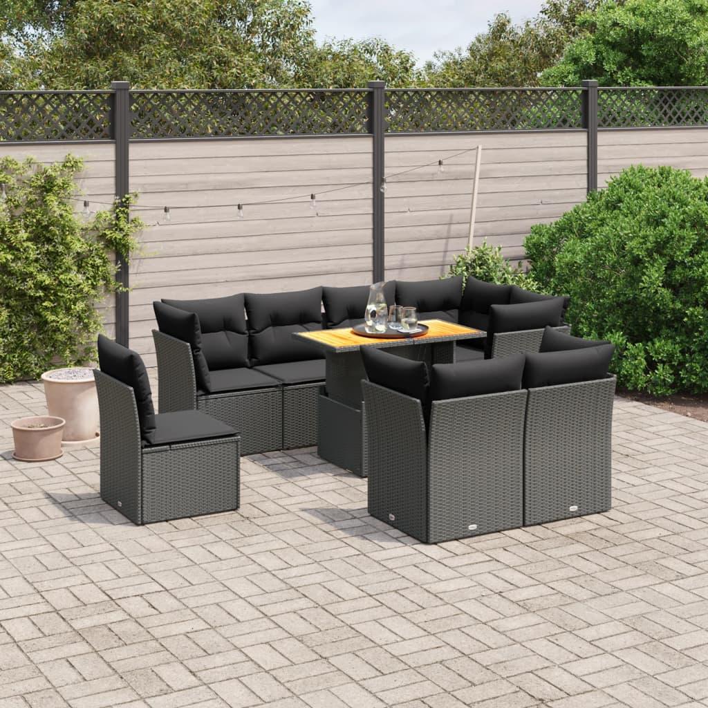Sofasæt til haven i polyrattan, 9 dele med hynder - sort