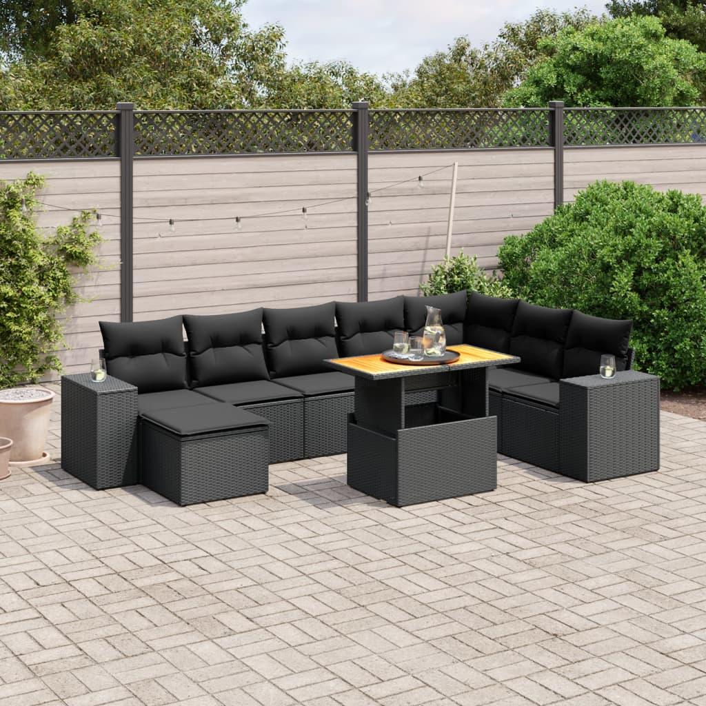Sofasæt til haven i polyrattan - 9 dele med hynder, sort
