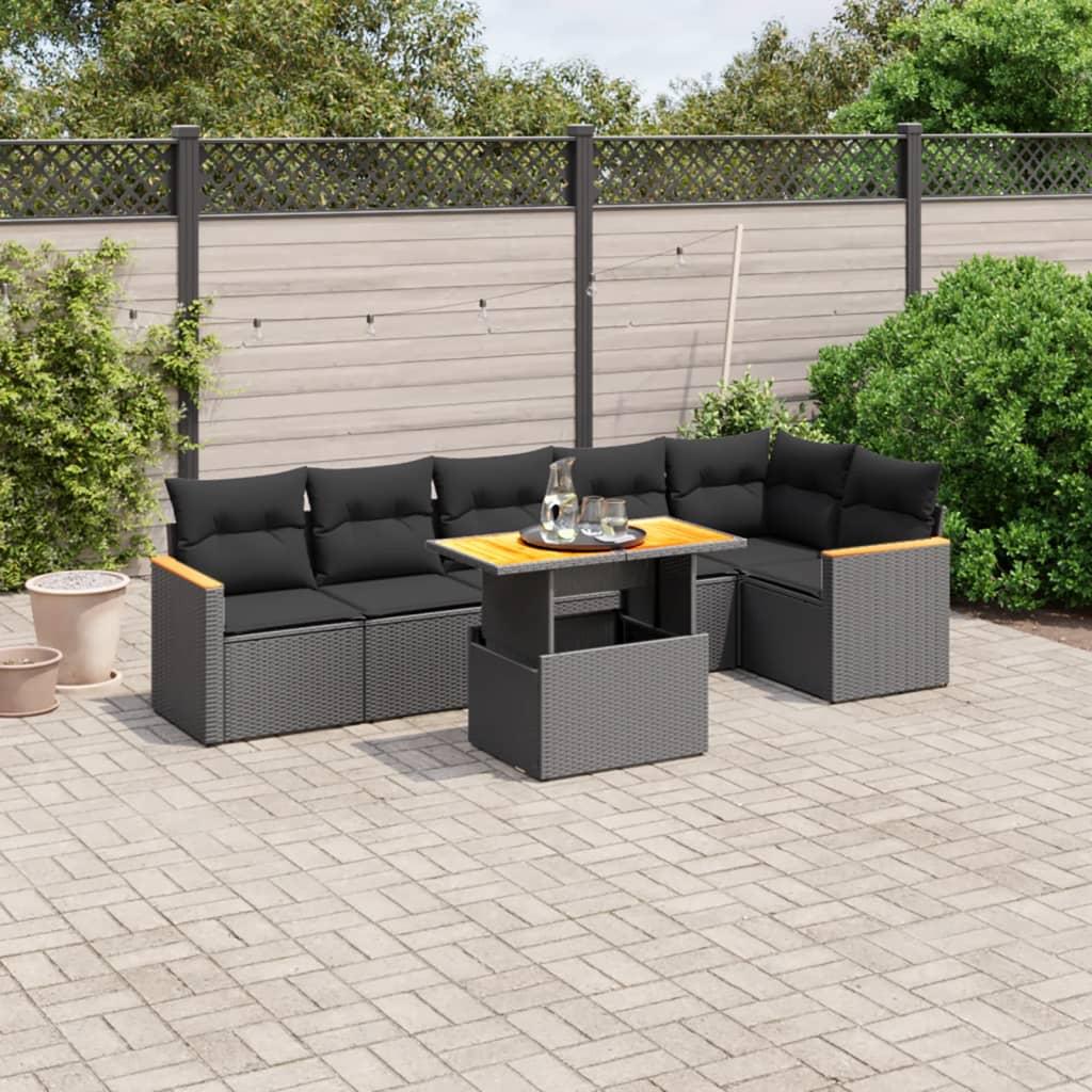 Sofasæt til haven i polyrattan - 7 dele med hynder, sort