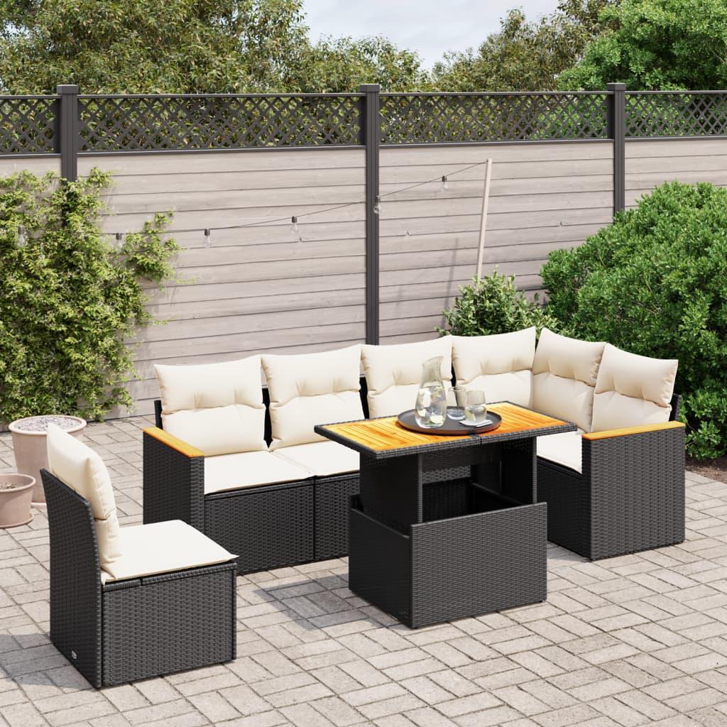 Sofasæt til haven i polyrattan - 7 dele med hynder, sort