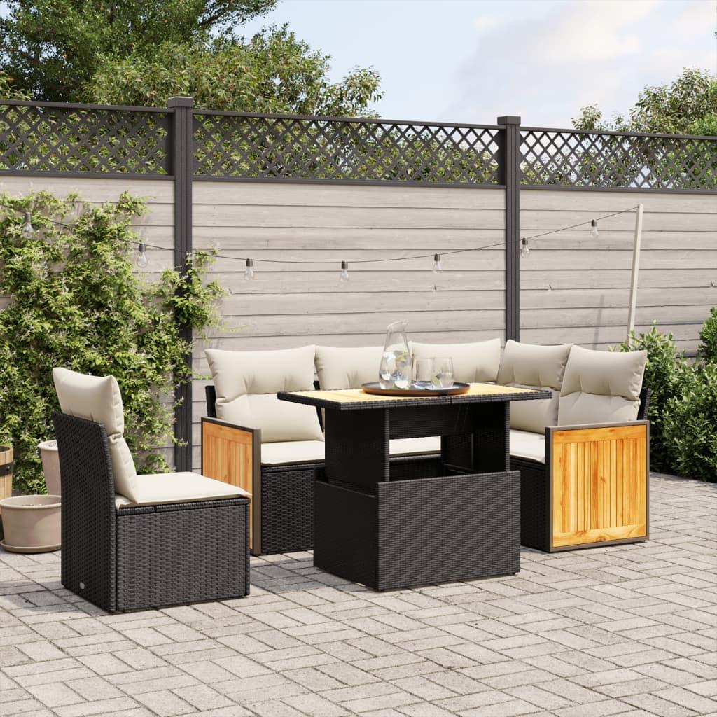 Sofasæt til haven 6 dele med hynder i polyrattan sort
