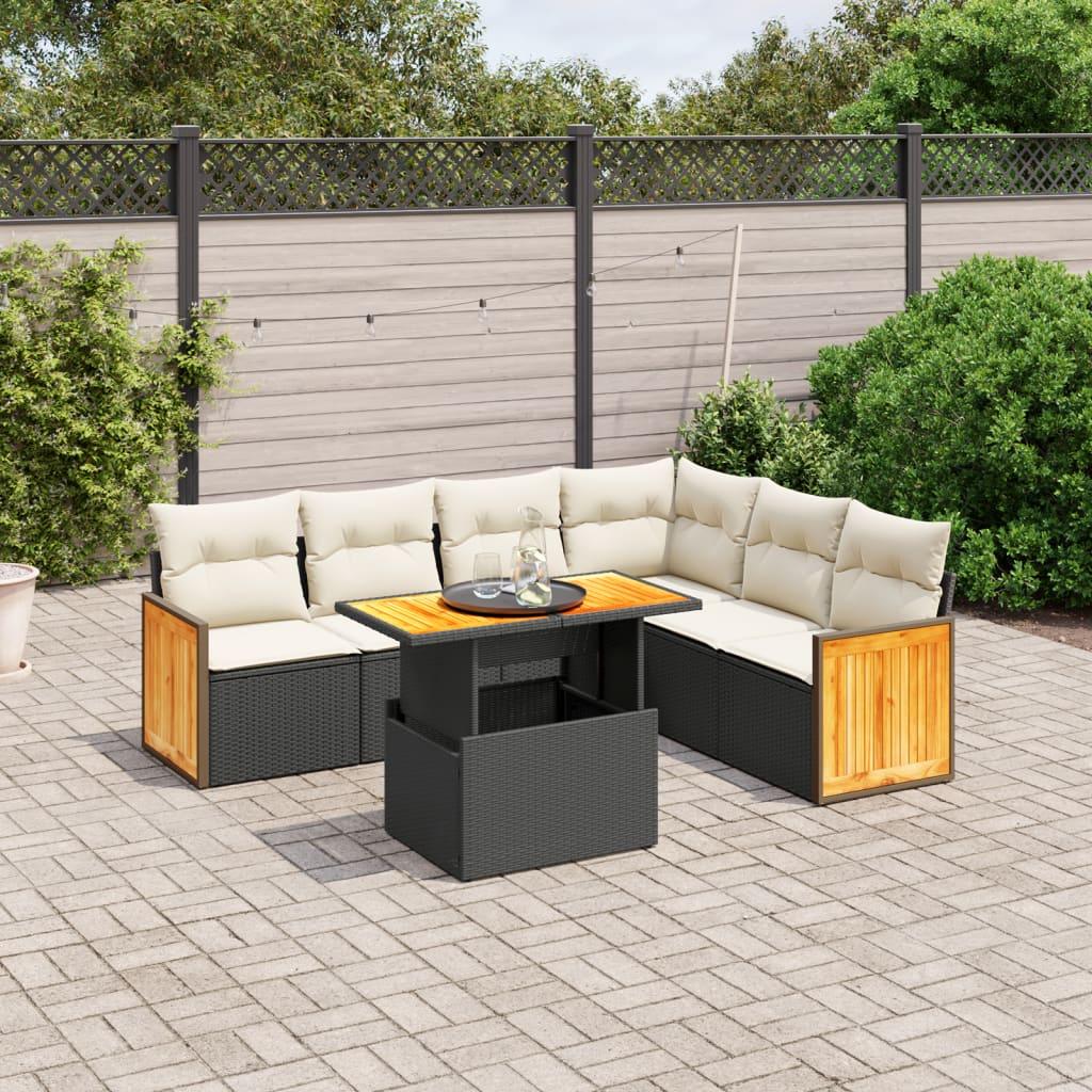 Havesofasæt i polyrattan - 7 dele med hynder, sort