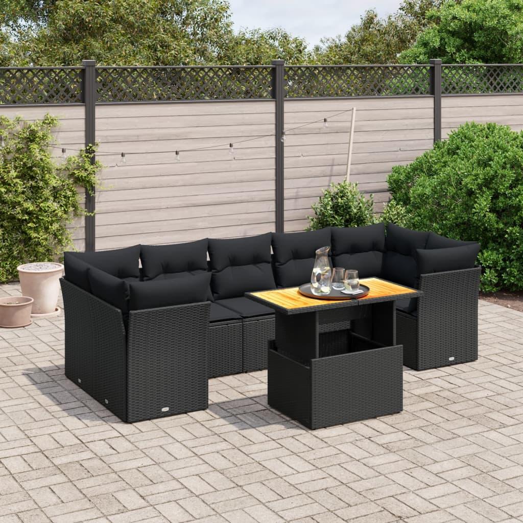 Sofasæt til haven i polyrattan - 8 dele med hynder, sort billede