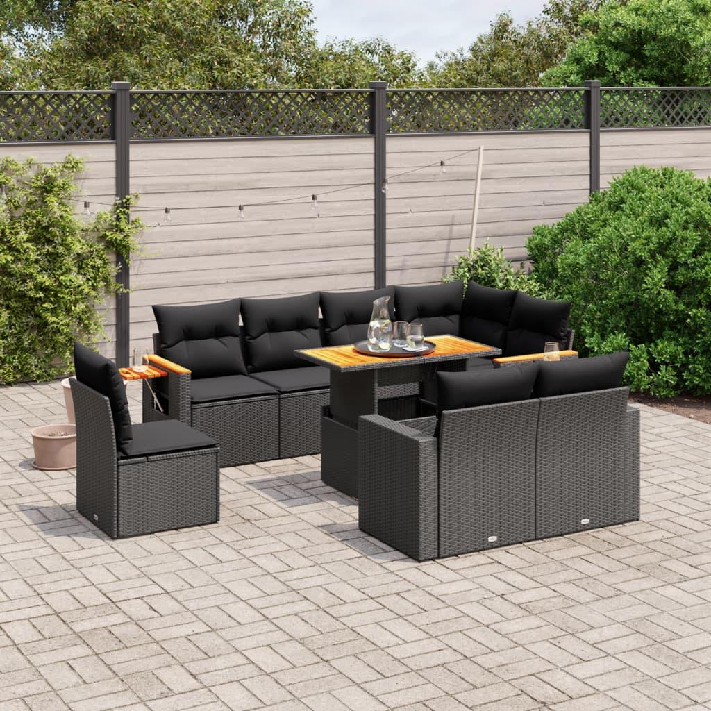 Sofasæt til haven i polyrattan - 9 dele med hynder, sort