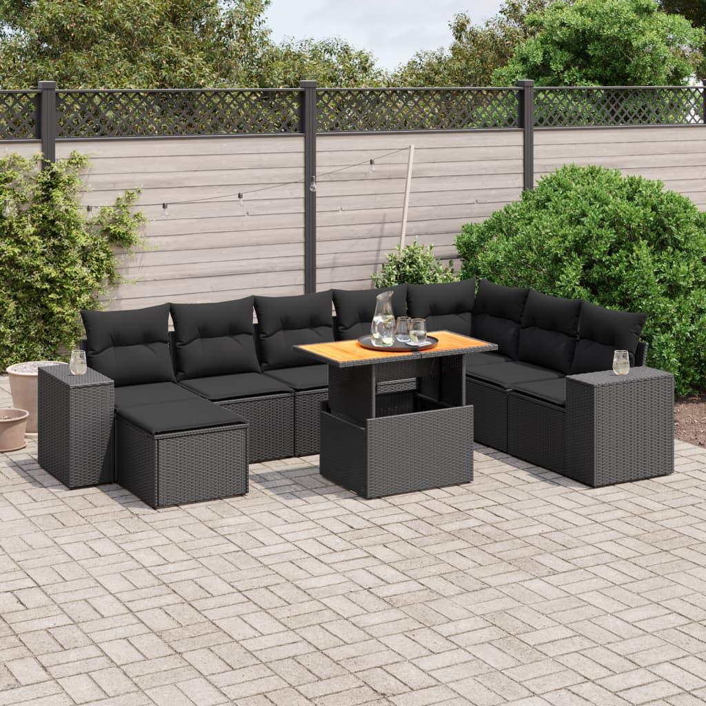 Havesofasæt i polyrattan - 9 dele med hynder, sort