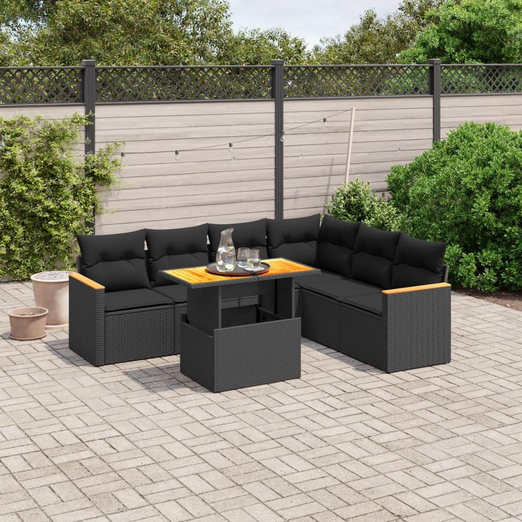 Sofasæt til haven i polyrattan - 7 dele med hynder, sort