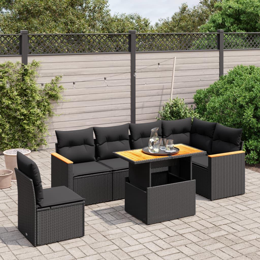 Sofasæt til haven i polyrattan - 7 dele med hynder, sort