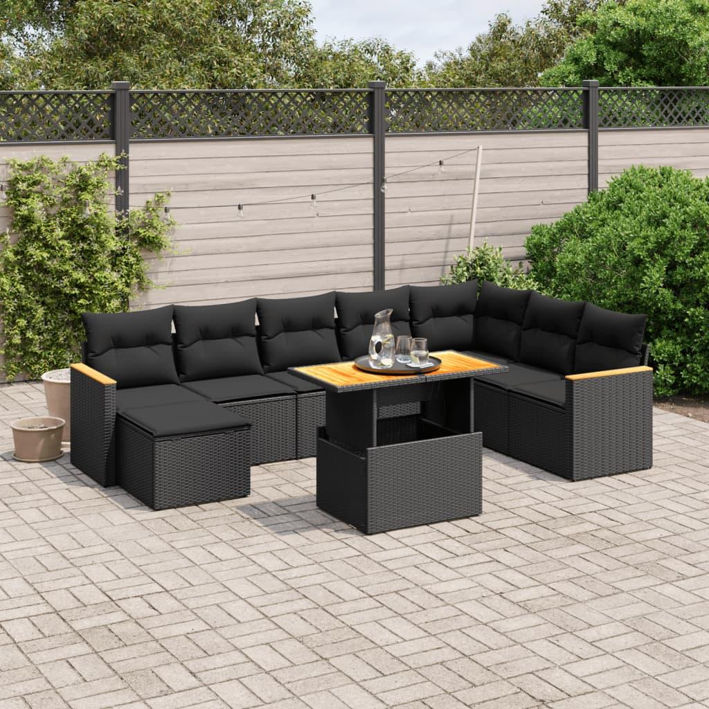 Sofasæt til haven i polyrattan - 9 dele med hynder, sort