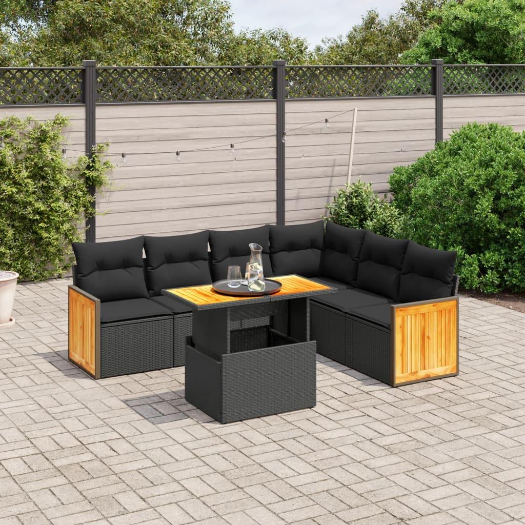 Sofasæt til haven 7 dele med hynder i polyrattan - sort