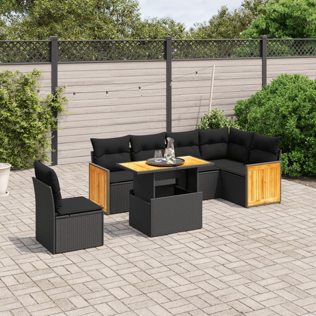 Havesofasæt i polyrattan - 7 dele med hynder, sort