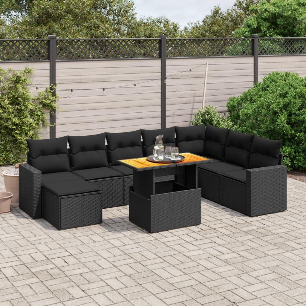 Havesofasæt 9 dele med hynder i polyrattan - sort billede