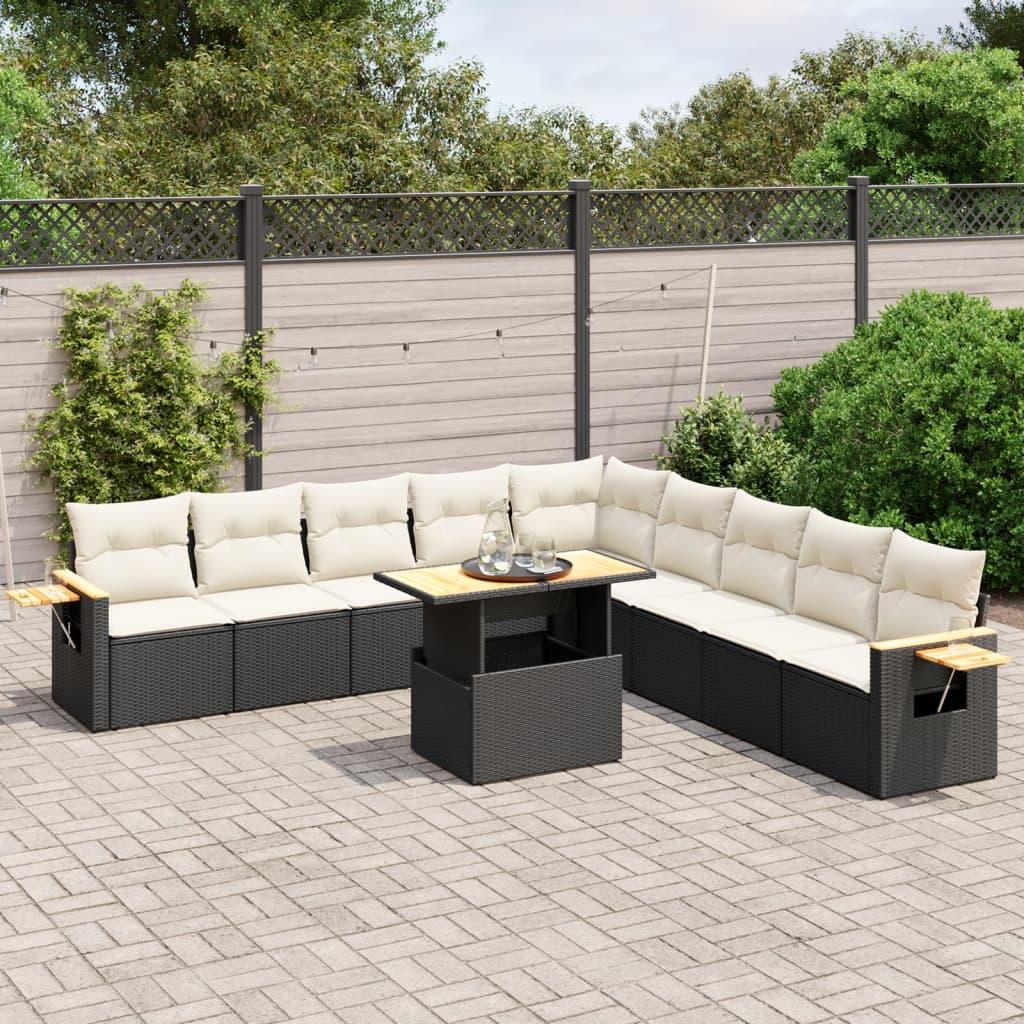 Sofasæt til haven i polyrattan - 11 dele, sort med hynder