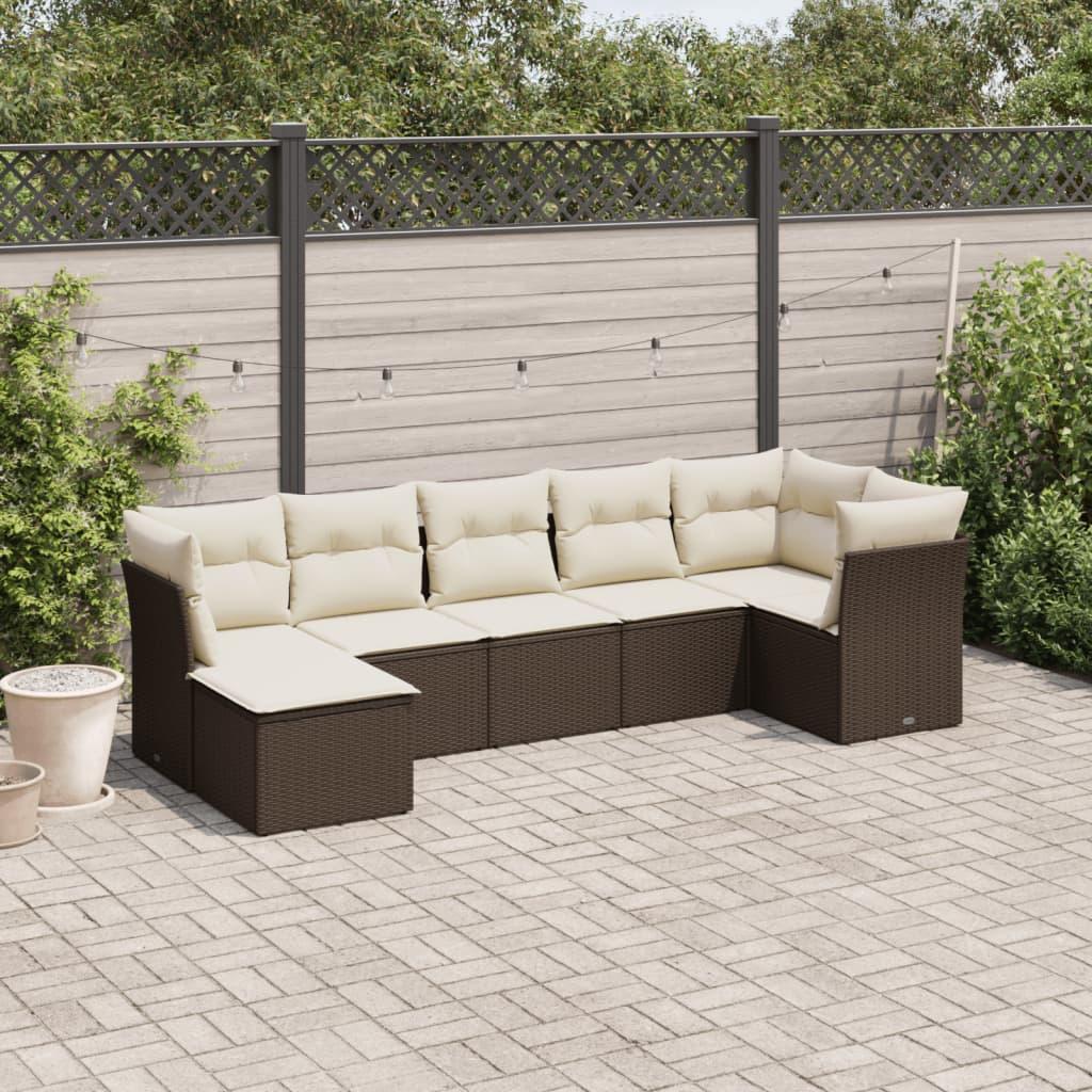 Havesofasæt i polyrattan - 7 dele med hynder, brun