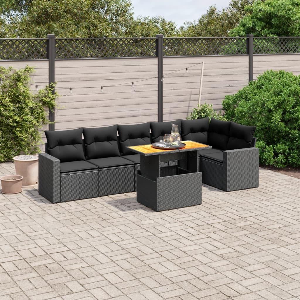 Sofasæt til haven i polyrattan, 7 dele med hynder - sort