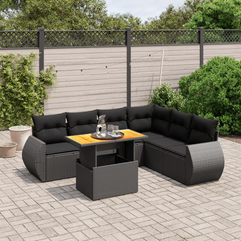 Sofasæt til haven i polyrattan - 7 dele med hynder, sort billede