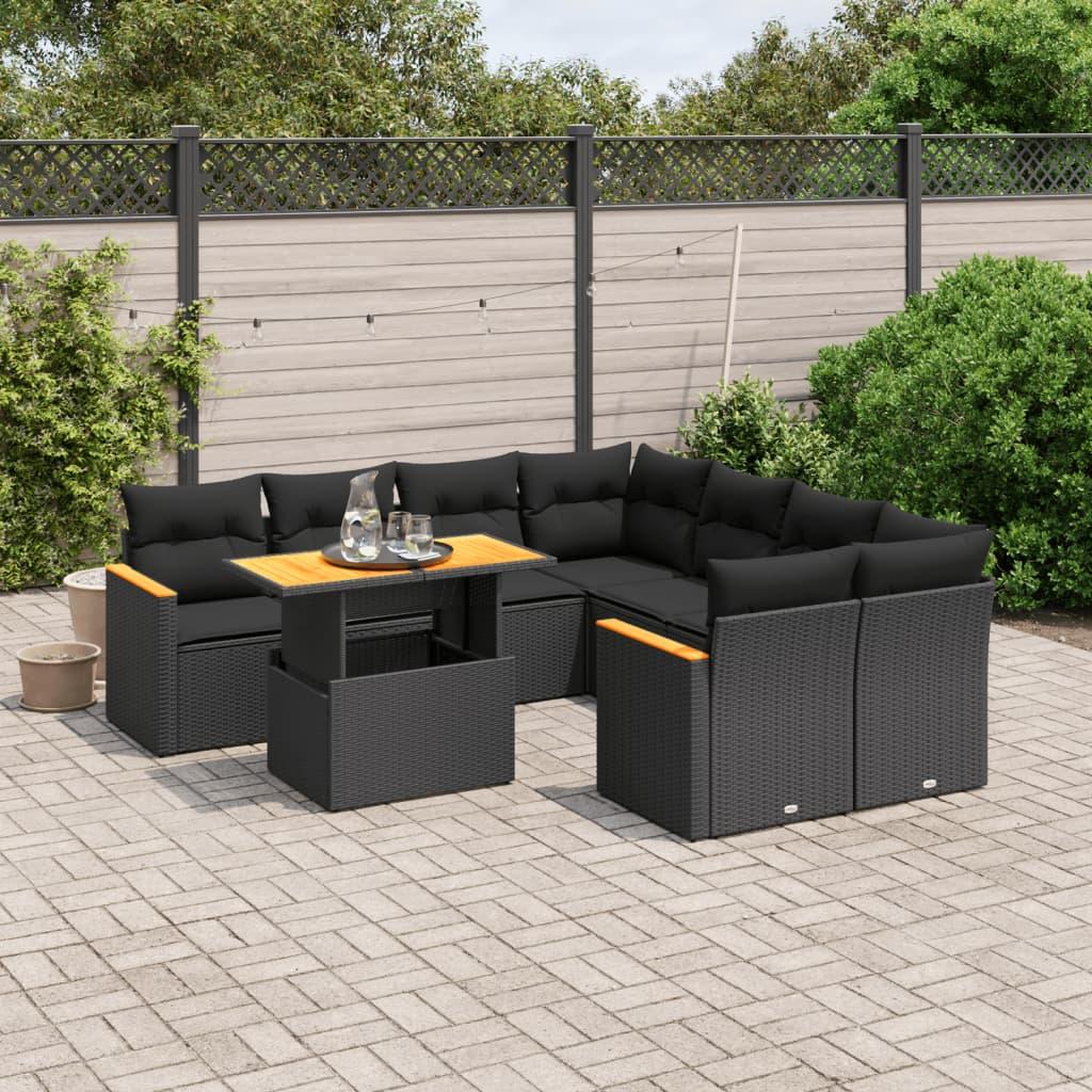 Sofasæt til haven i polyrattan - 9 dele med hynder, sort