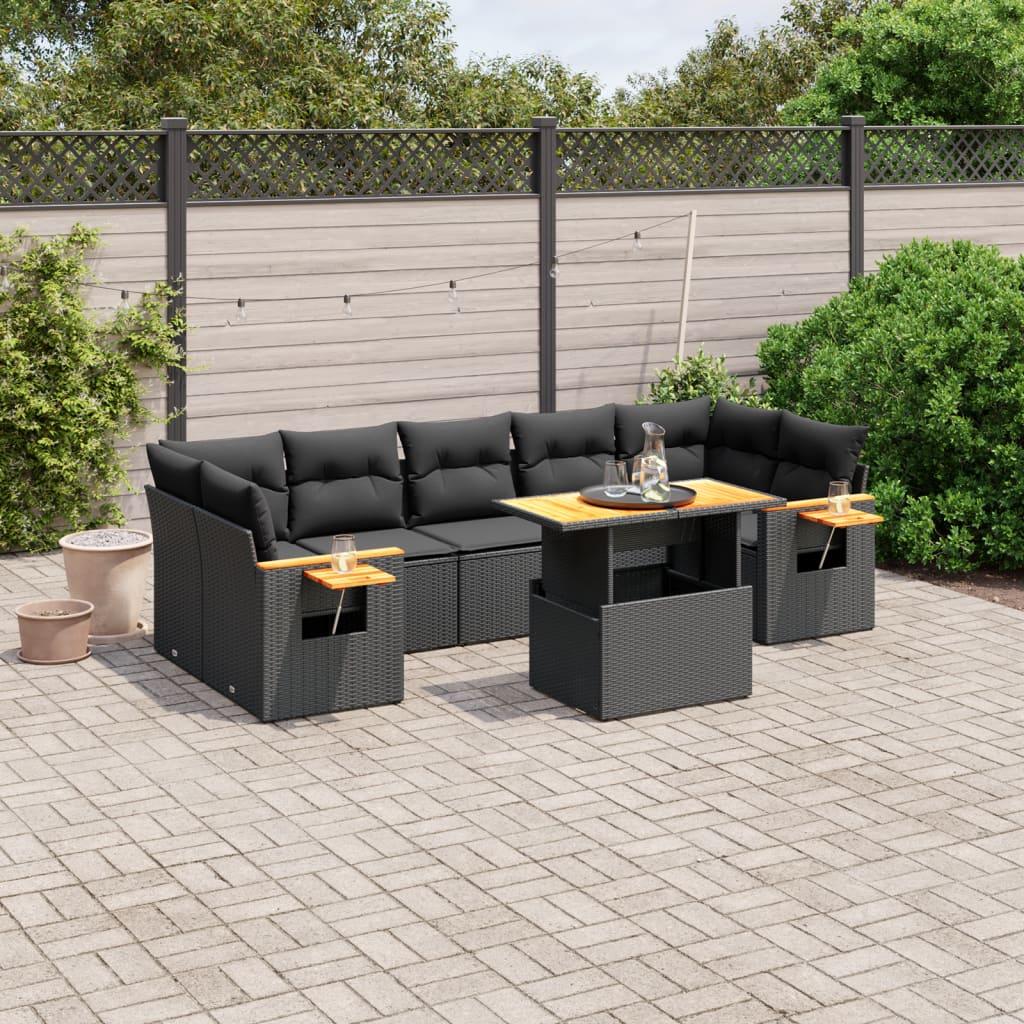 Sofasæt til haven i polyrattan - 8 dele med hynder, sort