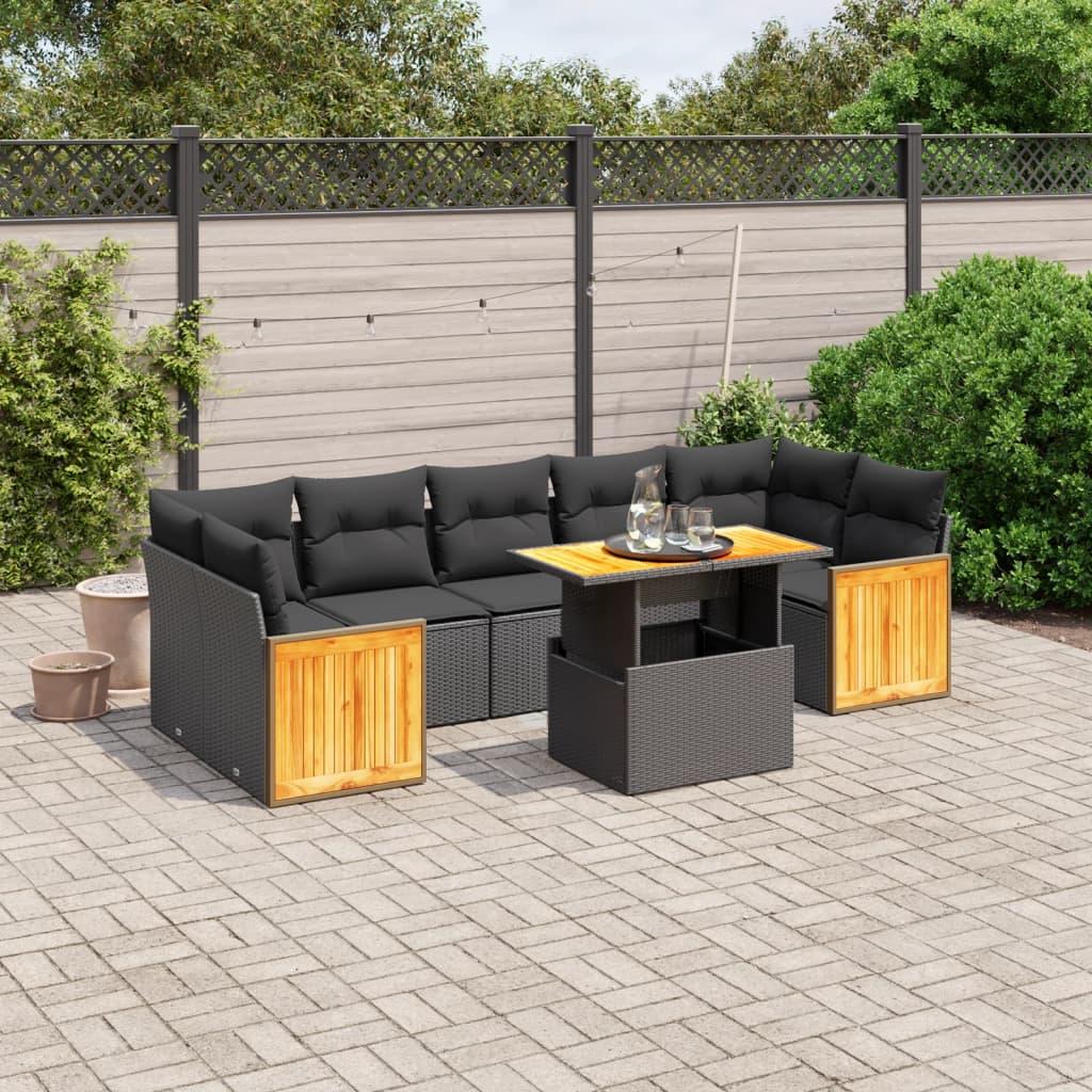 Havesofasæt i polyrattan - 8 dele med hynder, sort