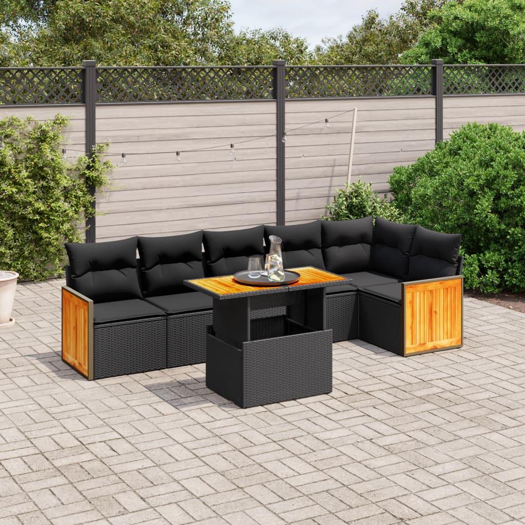 Sofasæt til haven i polyrattan - 7 dele med hynder, sort