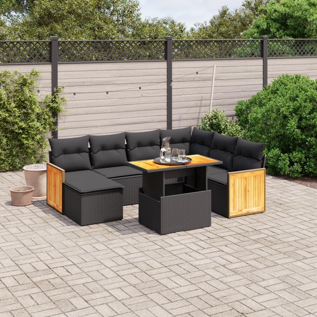 Havesofasæt i polyrattan - 8 dele med hynder, sort