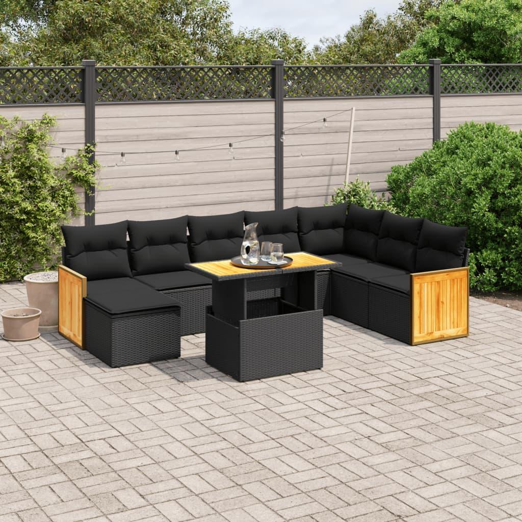 Sofasæt til haven i polyrattan - 9 dele med hynder, sort billede