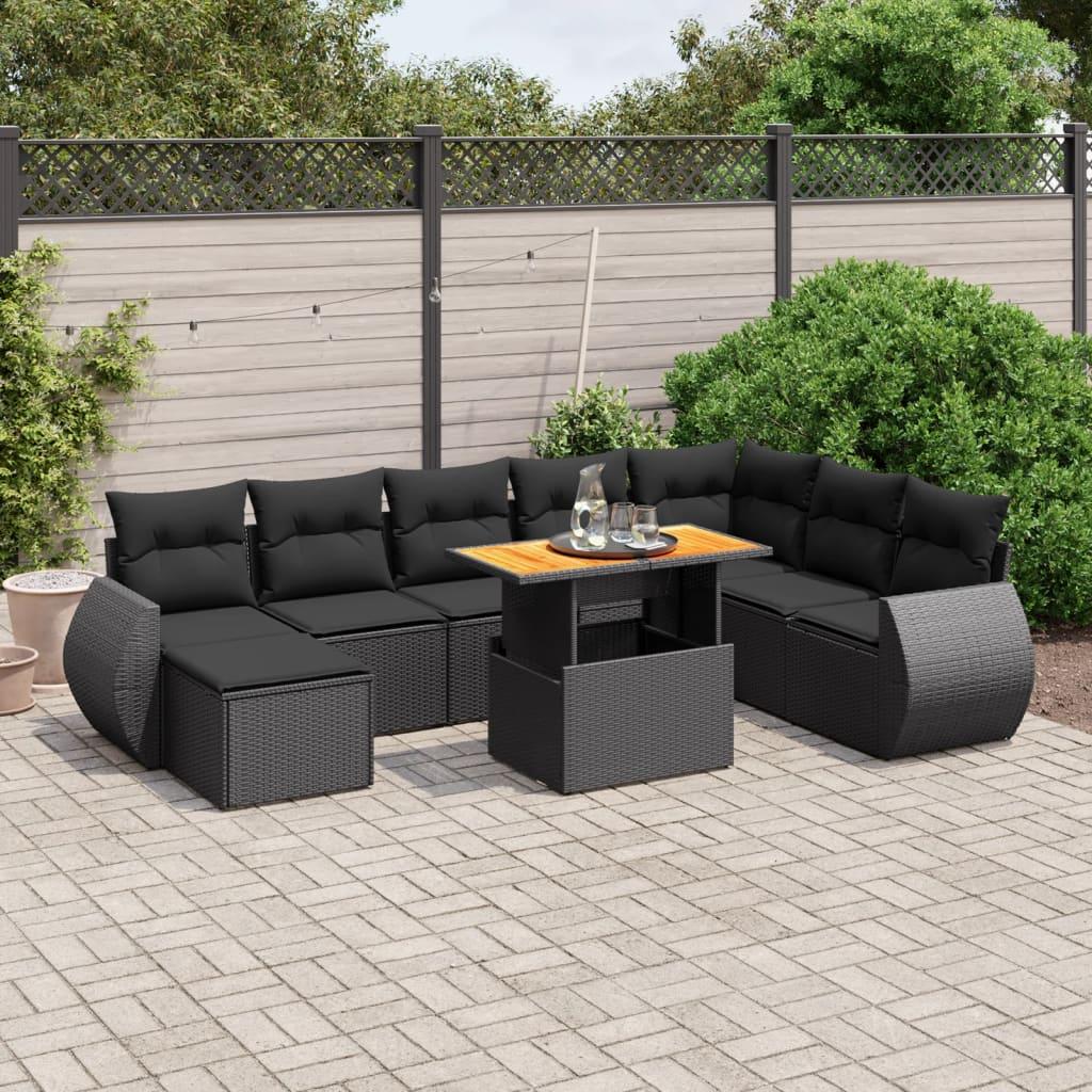 Havesofasæt i polyrattan - 9 dele med hynder, sort