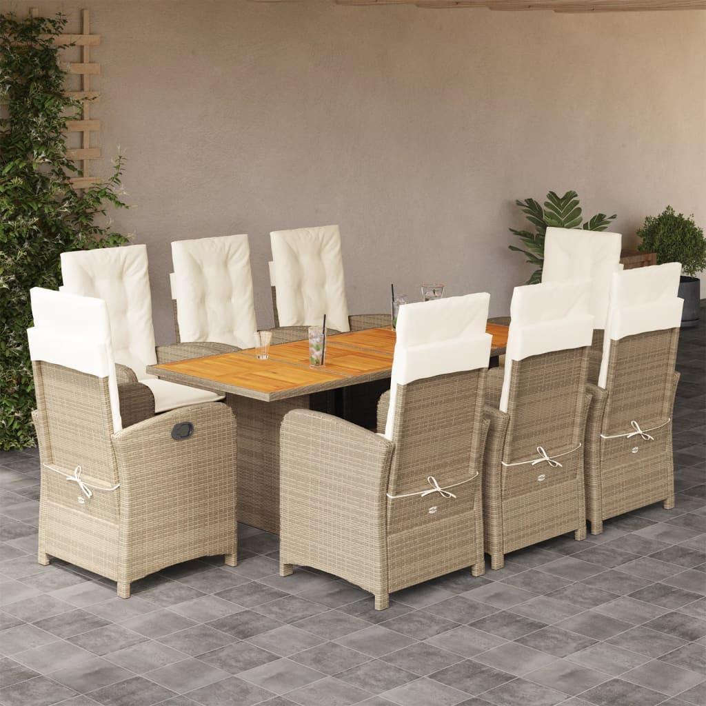 Spisebordssæt til haven 9 dele med hynder polyrattan beige