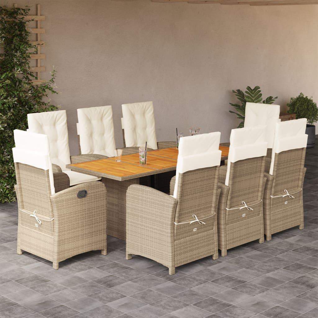 Spisebordssæt til haven 9 dele med hynder polyrattan beige