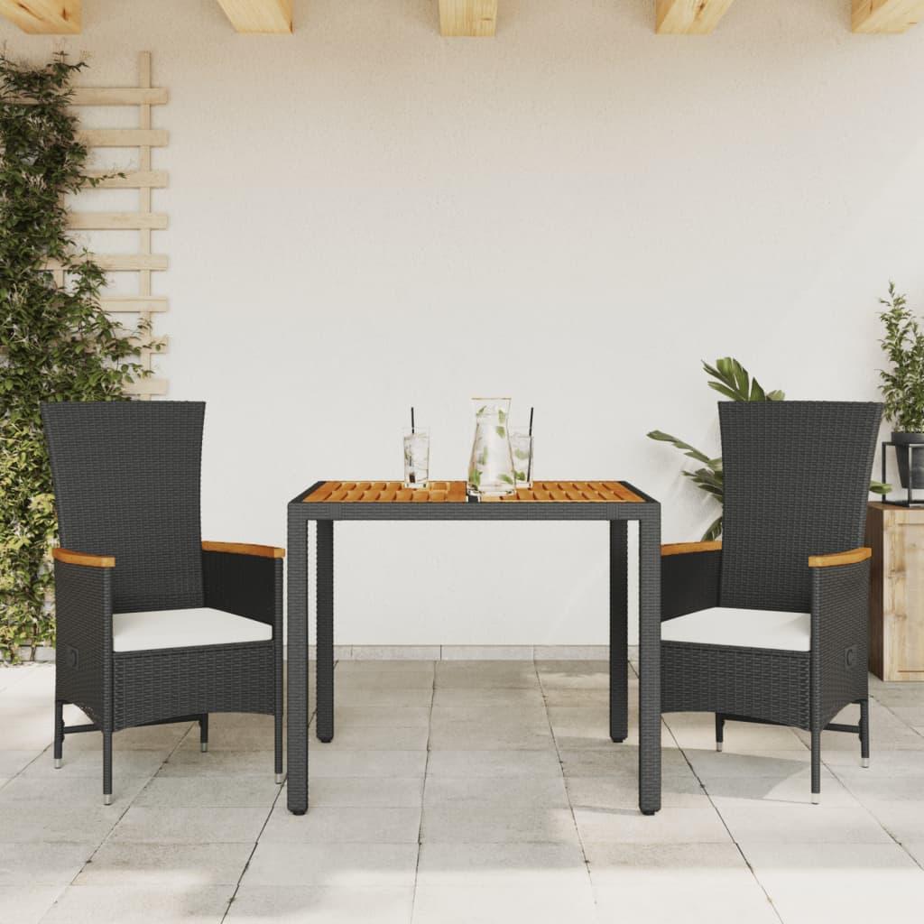 Spisebordssæt til haven 3 dele med hynder polyrattan sort